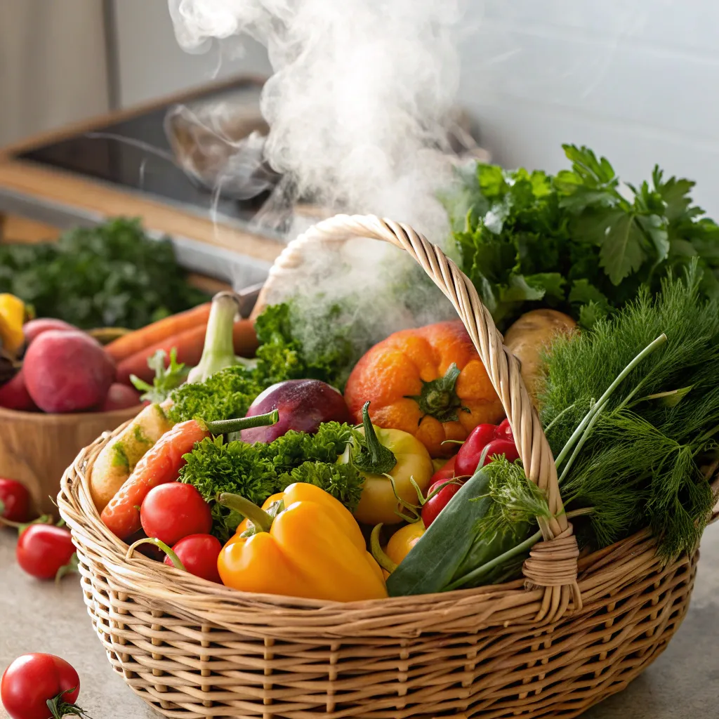 A steaming basket filled with vibrant and fresh ingredients