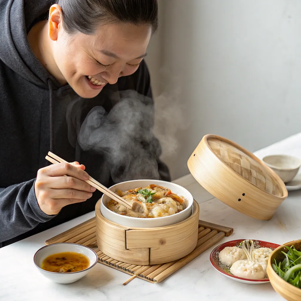 Person enjoying steamed food
